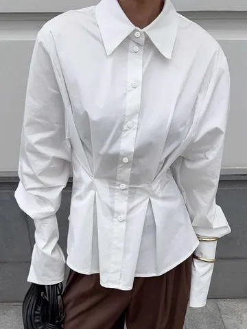 Franse Kantoor Geplooide Nauwsluitende Taille Witte Blouse Vrouwen Lente Pofmouwen Katoenen Shirt Effen Kleur Lange Mouw Top