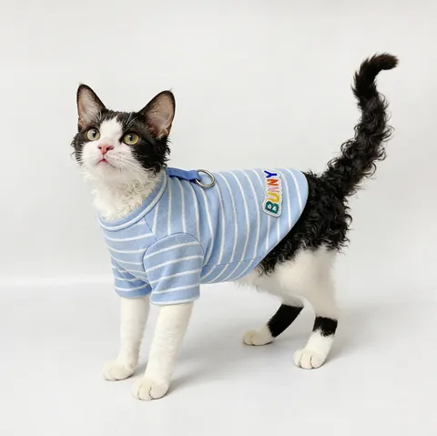 Camiseta a Rayas de Dralon para Mascotas Camisa de Dos Patas Elástica Con Bucle de Tracción en D para Gatos Perros Pequeños Medianos
