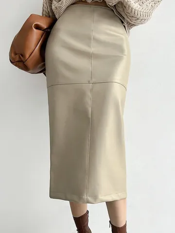 Women French Khaki Black PU Leather Skirt High Waist Midi Bodycon Pencil Skirt Stitched Faux Leather Wrap Skirt Spring Autumn