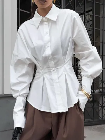 Franse Kantoor Geplooide Nauwsluitende Taille Witte Blouse Vrouwen Lente Pofmouwen Katoenen Shirt Effen Kleur Lange Mouw Top