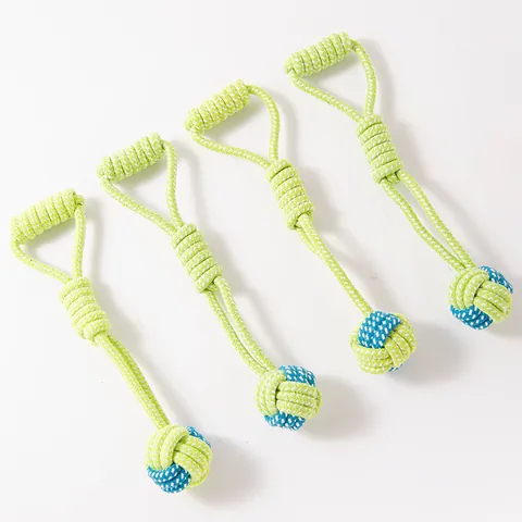 Giocattolo da Masticare per Cani in Corda di Cotone Resistente Palla Intrecciata Bicolore con Maniglia per Pulizia Dentale Animali