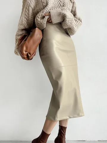 Women French Khaki Black PU Leather Skirt High Waist Midi Bodycon Pencil Skirt Stitched Faux Leather Wrap Skirt Spring Autumn