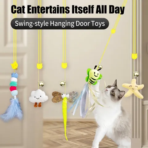 Hanging Self-Play Cat Toy With Elastic Rope And Bell Doorway Suction Cup Cat Teaser Toy For Indoor Cats Kitten Entertainment