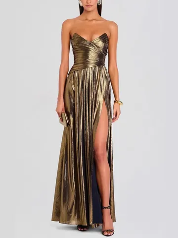 Elegant Women's Metallic Pleated Strapless Evening Dress High Slit Sleeveless Floor Length Banquet Party Wedding Gown 8209