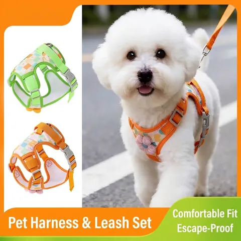 Harnais Pour Chien Et Ensemble De Laisse Réglables En Plaid Avec Décoration Florale Harnais De Marche En Maille De Polyester Respirant Pour Chiens De Petite Et Moyenne Taille