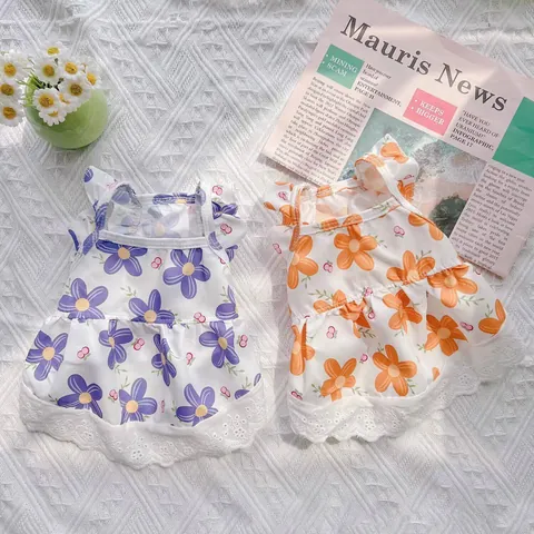 Summer Breathable Polyester Pet Dress Floral Print Princess Skirt With Flutter Sleeves And Lace Trim For Small Dogs And Cats