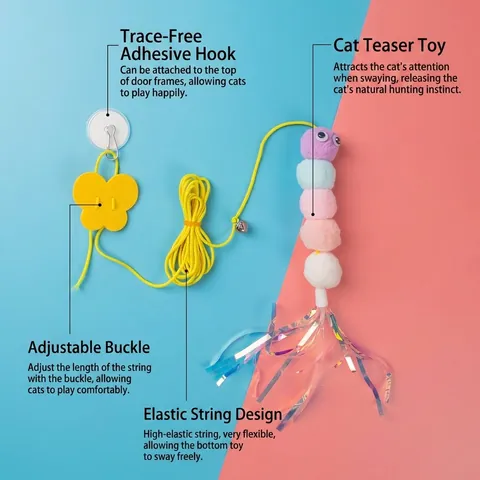Hanging Self-Play Cat Toy With Elastic Rope And Bell Doorway Suction Cup Cat Teaser Toy For Indoor Cats Kitten Entertainment
