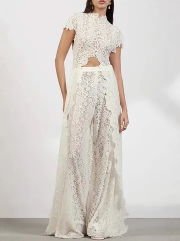 Elegant Women Floral Lace Top And Bottom Hollow Out Round Neck Fashion Slit Wide Leg Trousers For Party Vacation