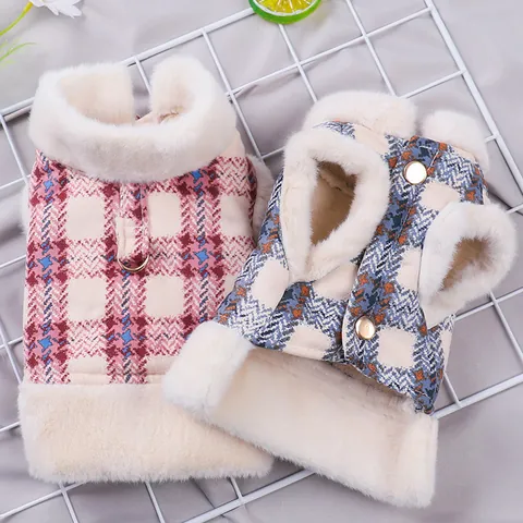 Karierte Haustier Winterweste Mit Kunstpelzbesatz Warme Hundejacke Mit D-Ring Leinenbefestigung Für Kleine Hunde Katzen Welpenkleidung