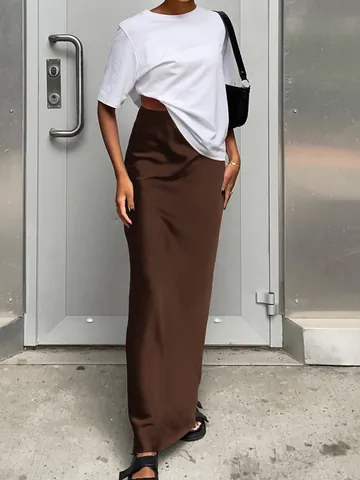 Women High Waist Maxi Skirt Acetate-Look Satin Fishtail Skirt Elegant Commuting French Style Long Skirt For Spring Summer