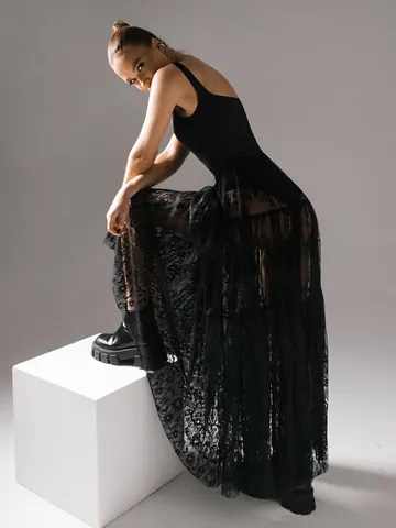 Women's Sexy See-Through Lace Maxi Skirt High Waisted Floral Tiered A-Line Long Skirt Elegant Patchwork Commuting Bottom