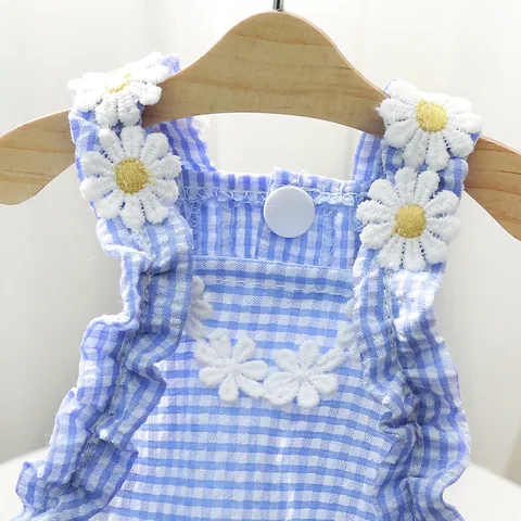 Plaid Pet Dress With Daisy Embroidery Breathable Puppy Skirt Floral Ruffle Dog Dress For Small Dogs Cats Summer Princess Clothes