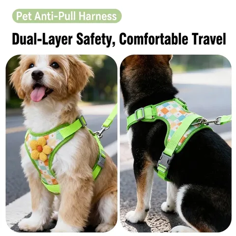 Harnais Pour Chien Et Ensemble De Laisse Réglables En Plaid Avec Décoration Florale Harnais De Marche En Maille De Polyester Respirant Pour Chiens De Petite Et Moyenne Taille