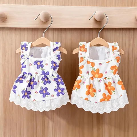 Summer Breathable Polyester Pet Dress Floral Print Princess Skirt With Flutter Sleeves And Lace Trim For Small Dogs And Cats