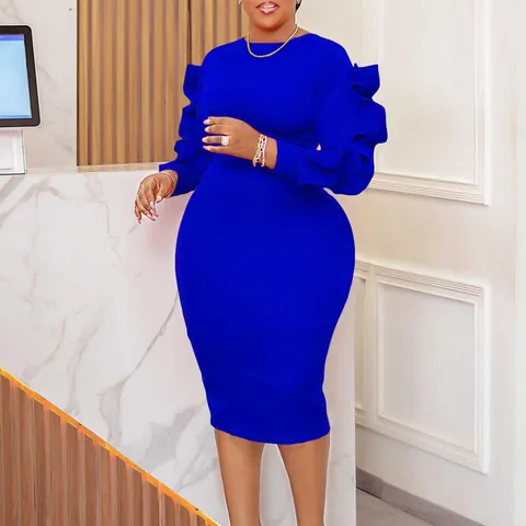 Women Plus Size Long Sleeve Midi Dress Elegant Ruffle Trim Sleeve Round Neck Slim Fit Bodycon Pencil Dress For Commute