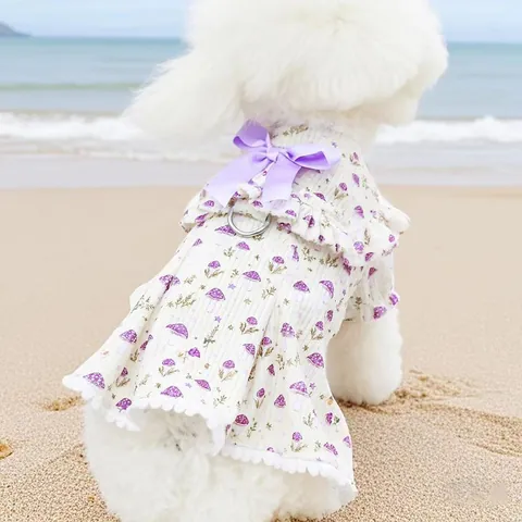 Pet Corduroy Mushroom Print Dress with Harness D-Ring Bow Ruffle Small Dog Cat Princess Skirt Puppy Clothes