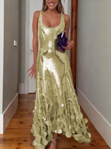 Sexy Sleeveless Sequin Evening Dress Elegant Patchwork Backless Maxi Dress For Party Banquet Glamorous Bodycon Dress