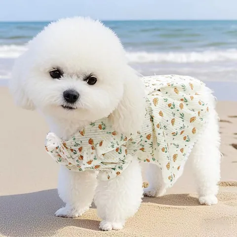 Pet Corduroy Mushroom Print Dress with Harness D-Ring Bow Ruffle Small Dog Cat Princess Skirt Puppy Clothes