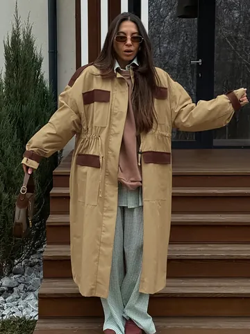 Women British Retro Long Trench Coat Khaki Contrast Patchwork Windbreaker Overcoat With Drawstring Waist Elegant Commute Jacket