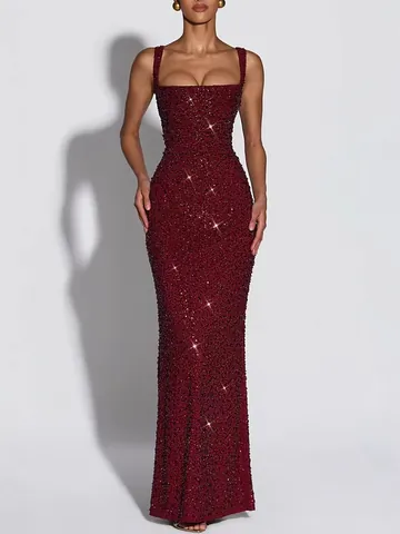 Women Sequin Spaghetti Strap Bodycon Maxi Dress Sexy Lace Up Sleeveless Evening Party Gown For Banquet Date Night