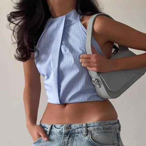 Women Sexy Striped Halter Top Hot-fix Rhinestone Backless Crop Top Bow Tie Sleeveless Summer Beach Resort Top