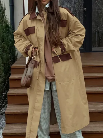 Women British Retro Long Trench Coat Khaki Contrast Patchwork Windbreaker Overcoat With Drawstring Waist Elegant Commute Jacket