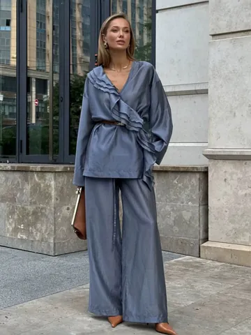 Women Tencel Ruffle Wrap Top And Wide Leg Pants Set Long Sleeve Office Commute Elegant Two Piece Solid Color Co-ord