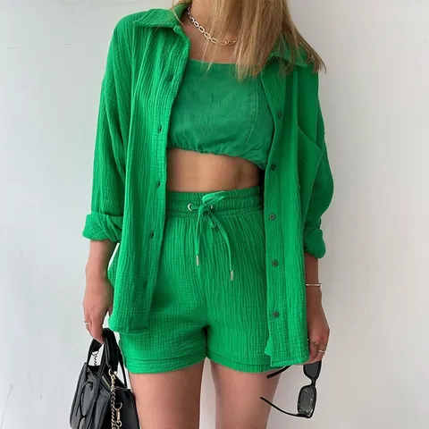 Vêtements Décontractés pour Femmes Couleur Unie Plissé Haut Et Bas Chemise à Boutons Avec Short à Cordon Élastique Vacances d'Été Lounge