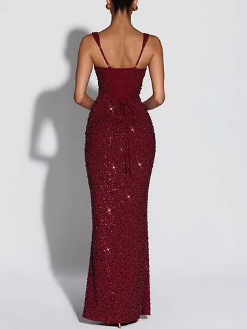 Women Sequin Spaghetti Strap Bodycon Maxi Dress Sexy Lace Up Sleeveless Evening Party Gown For Banquet Date Night