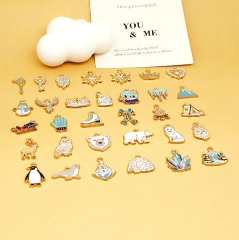 Winter Ice Snow World Zinc Alloy Enamel Charms For DIY Necklace Keychain Making Snowflake Penguin Polar Bear Jewelry Accessories