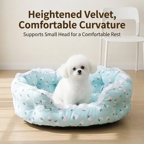 Polyester Semi-Enclosed Pet Sofa Bed Strawberry Print Lace Ruffle Warm Windproof Sleeping Nest For Small Medium Dogs Cats