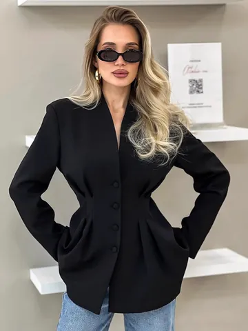 Damen Elegant Slim Fit Taillierter Blazer Jacke Tiefer V-Ausschnitt Patchwork Design Lässige Büro Arbeitskleidung Oberbekleidung Schwarz