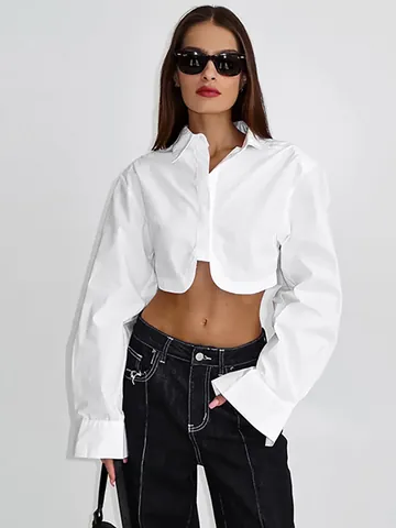 Camicia Bianca in Cotone Minimalista Francese Donna Maglia Corta a Maniche Lunghe Elegante Risvolto Professionale