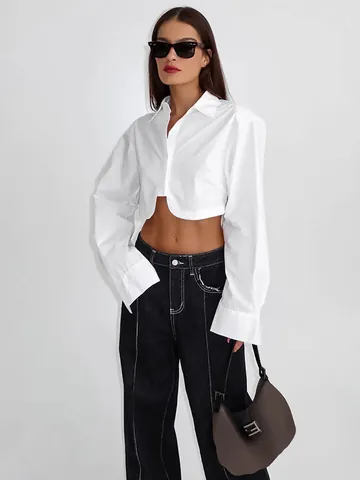 Camicia Bianca in Cotone Minimalista Francese Donna Maglia Corta a Maniche Lunghe Elegante Risvolto Professionale