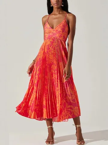 Women Sexy V Neck Spaghetti Strap Backless Pleated Floral Print Midi Dress Summer Beach Vacation Sundress Polyester