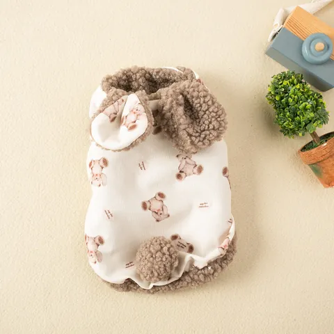 Cute Cartoon Bear Printed Pet Vest Warm Sherpa Fleece Lining Dog Cat Clothes Soft Winter Puppy Apparel For Small Dogs Cats