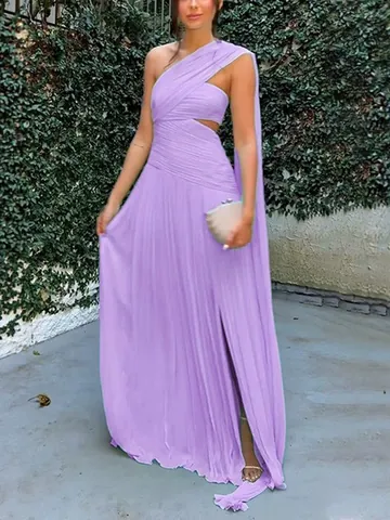 Women Sexy Pleated Cutout Slit Maxi Dress Elegant Off Shoulder Banquet Evening Dress With Flowing Streamer Solid Color