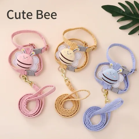 Cartoon Honeybee Cat Harness And Leash Set Adjustable Escape Proof Corduroy Small Dog Walking Lead Polyester Pet Supplies