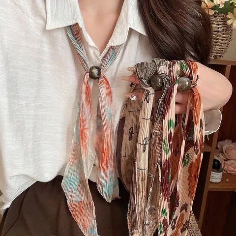 Vintage Artistieke Geplisseerde Bedrukte Stropdas Halsketting Mode Minimalistische Forens Trui Ketting Voor Vrouwen Chiffon Halssjaal Accessoire