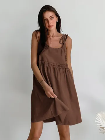 Women's Casual Cotton Linen Spaghetti Strap Dress Summer Resort Style Solid Color A-Line Beach Mini Dress With Adjustable Bow Straps