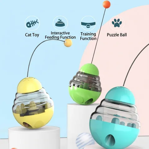 Interactive Tumbler Cat Toy Food Dispensing Puzzle Toy For Cat Slow Feeder With Teaser Wand And Ball For Indoor Pet Boredom Relief