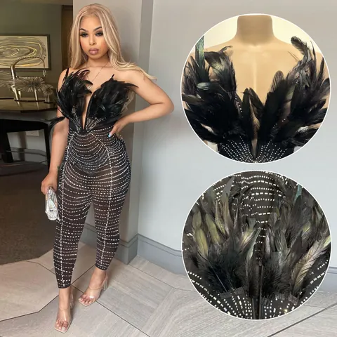 Women's Sexy Strapless Feather Splicing Hot-Fix Rhinestone Skinny Long Jumpsuit Clubwear Party Romper