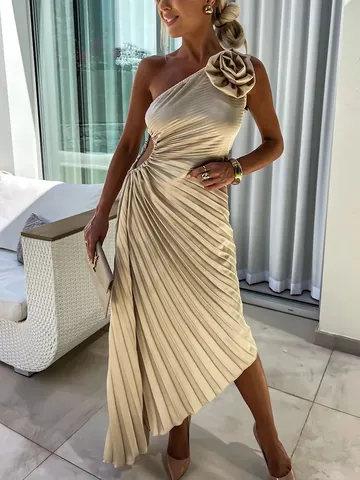 Women One Shoulder Pleated Maxi Dress With 3D Flower Decoration Sexy Cutout Ruched Party Formal Evening Dress