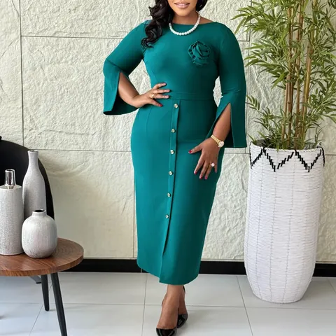 Elegant Plus Size Bodycon Midi Dress For Women Round Neck 3/4 Slit Bell Sleeves 3D Floral Decoration Office Work Party Dress