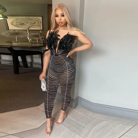 Women's Sexy Strapless Feather Splicing Hot-Fix Rhinestone Skinny Long Jumpsuit Clubwear Party Romper