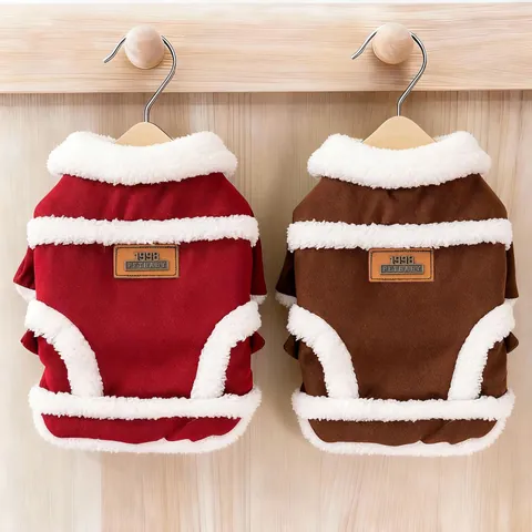 Vintage Fleece Padded Pet Vest Warm Autumn Winter Dog Clothes For Small Dogs Cats Wine Red Brown Suede Lamb Wool Lining Coat