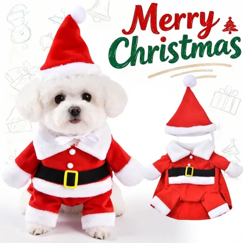 Festive Polyester Santa Claus Pet Costume Upright Standing Outfit With Hat For Small Dogs Cats Puppy Kitten Holiday Party Dress