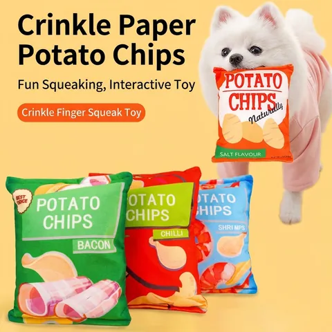 Simulation Plush Squeaky Potato Chips Pet Toy With Crinkle Paper Funny Food Bag Soft Stuffed Dog Toy For Small Medium Dogs Cats