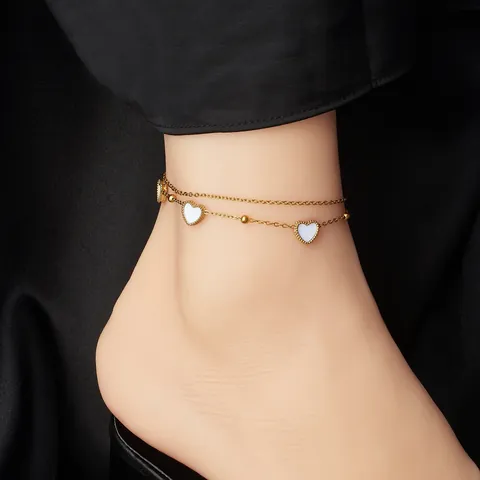 Tobillera de Corazón de Doble Capa Exquisita Bañado en Oro 18K Acero Inoxidable Cuentas de Corazón Blanco Joyería para Mujer