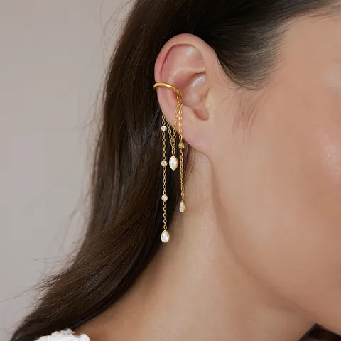 Minimalistische Edelstahl Zirkonia Quaste Ohrklemme Für Damen Vergoldet Kette Ohrknochen Clip Ohne Ohrloch Ohrringe